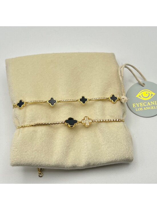 Eyecandy Los Angeles Jewelry - Set 2 Adjustable Gold-Tone Bracelets Black Clover Charms CZ Accents Eyecandy LA